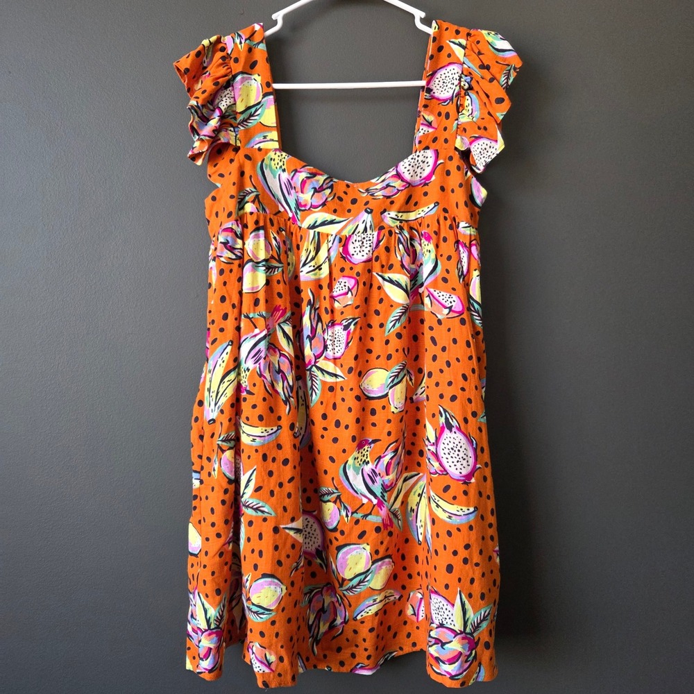 Kourt Small Orange Tropical Print Ruffle‎ Mini Babydoll Dress Linen Blend Boho